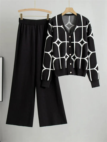 Women’s Two-Piece Knit Set – V-Neck Cardigan with Geometric Pattern – Wide-Leg Pants