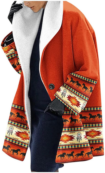 Women’s Hooded Jacket – Wool – Loose Fit – Mid-Length – Ethnic Print Shawl Collar