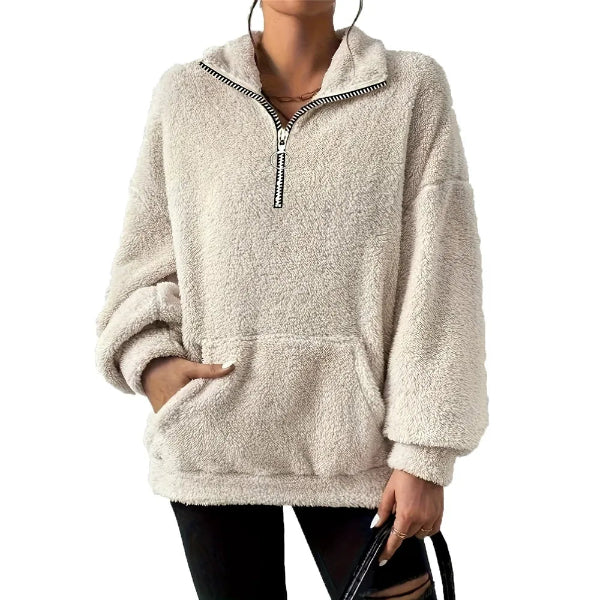Women’s Fleece Sweatshirt – Oversized Fit – Half Zip – Stand Collar – Kangaroo Pocket