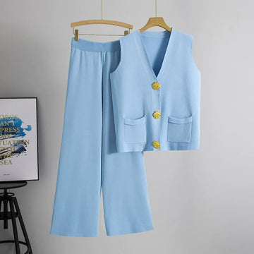 Women’s Two-Piece Set – Knitted Vest with Buttons – Wide-Leg Pull-On Trousers – Relaxed Fit