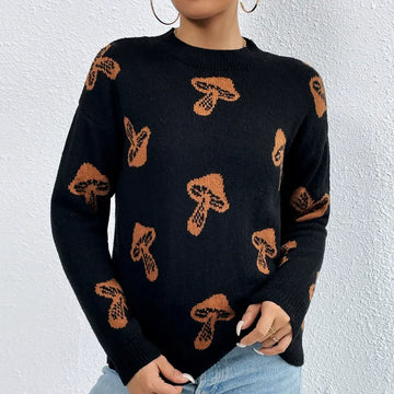 Women’s Pullover Sweatshirt – Jacquard Knit – Relaxed Fit – Crew Neck – Mushroom Print