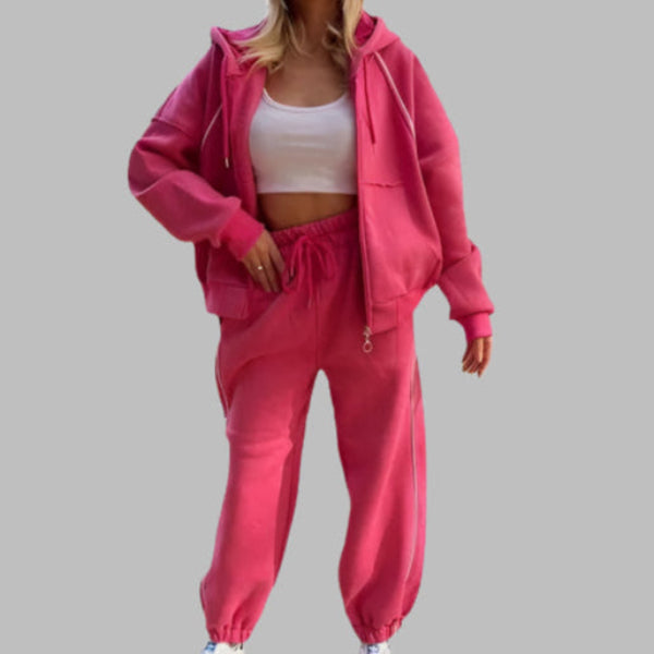 Women’s Hoodie and Jogger Two-Piece Set – Oversized Fit – Cotton Fleece – Zip Front – Drawstring Waist