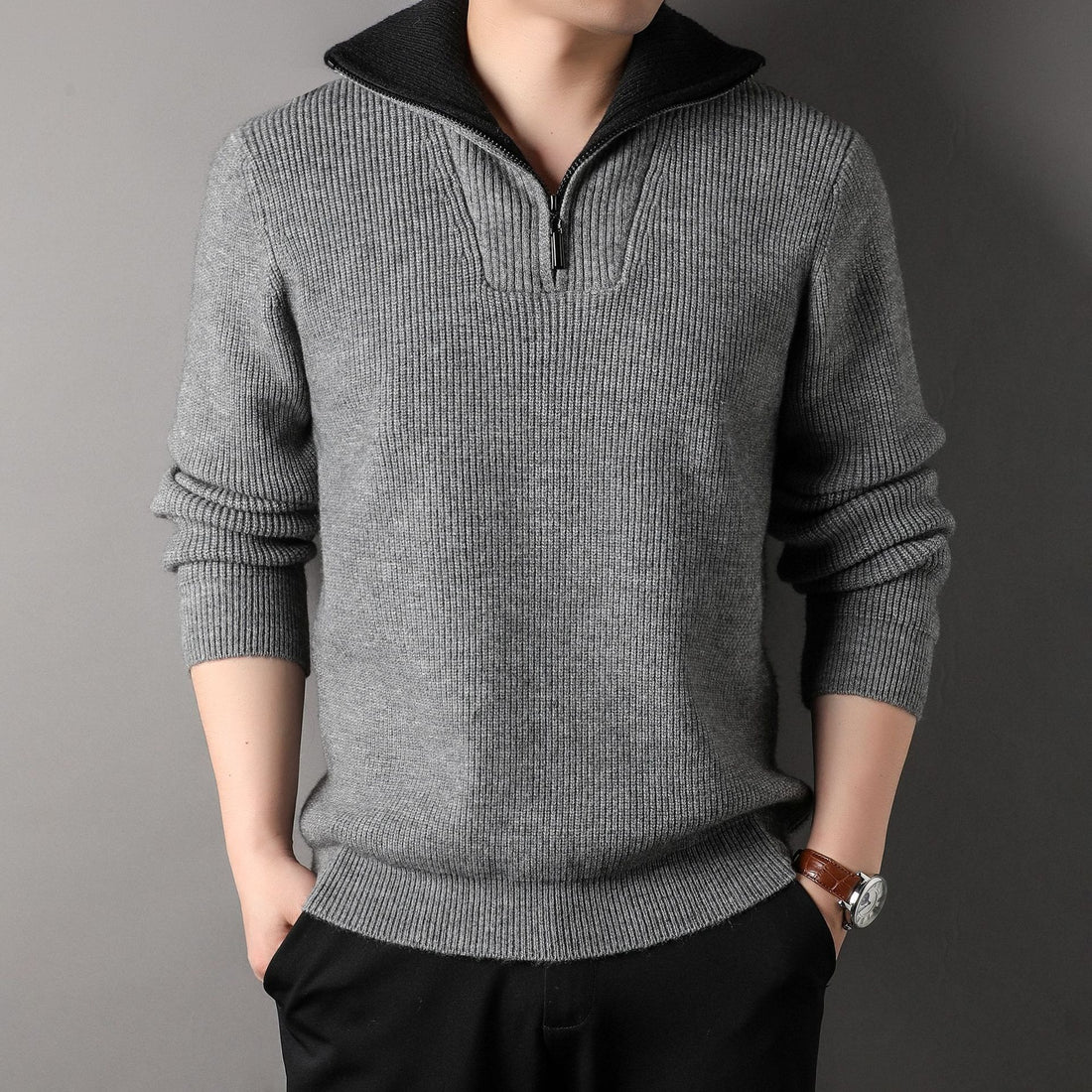 Men’s Pullover Sweater – Relaxed Fit – Ribbed Knit – Zip Standing Collar – Casual Layer