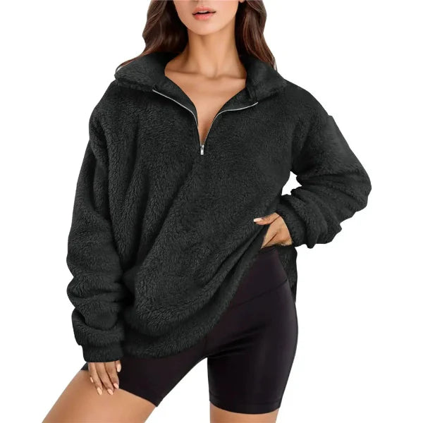 Women’s Fleece Pullover – Oversized Fit – Half Zip – Stand Collar – Soft Cozy Layer