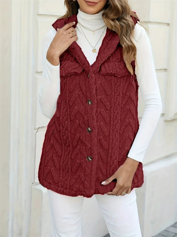 Women’s Hooded Vest – Fuzzy Knit – Relaxed Fit – Button Front – Chest Pockets