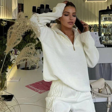 Women’s Two-Piece Loungewear Set – Soft Knit – Oversized Fit – Quarter-Zip Top – Ribbed Trim