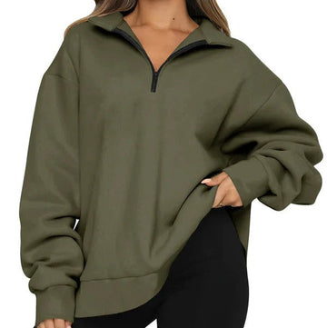 Women’s Oversized Sweatshirt – Cotton Feel – High Collar – Short Zip – Long Sleeve