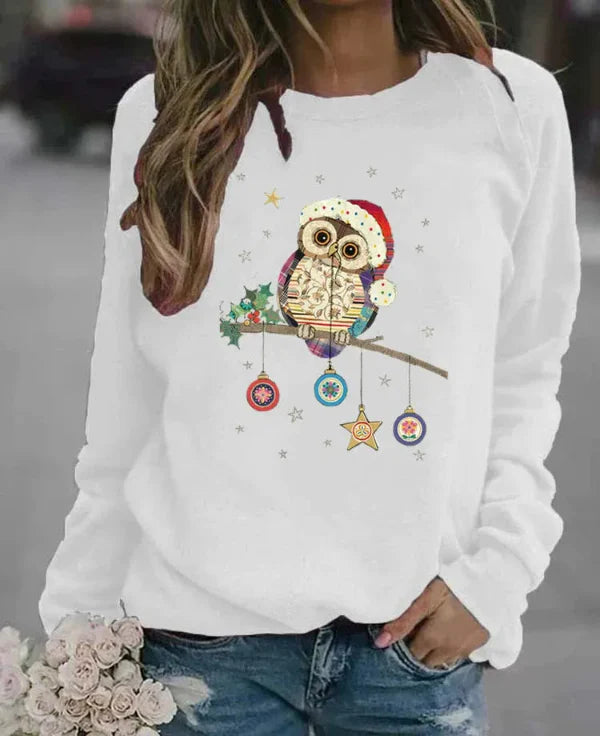 Women’s Sweatshirt – Relaxed Fit – Cotton Blend – Long Sleeve – Festive Owl Print