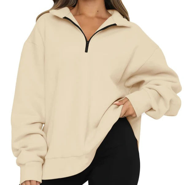 Women’s Oversized Sweatshirt – Cotton Feel – High Collar – Short Zip – Long Sleeve