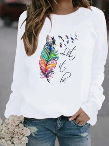 Women’s Pullover – Relaxed Fit – Cotton Feel – Feather Print – Long Sleeve Casual