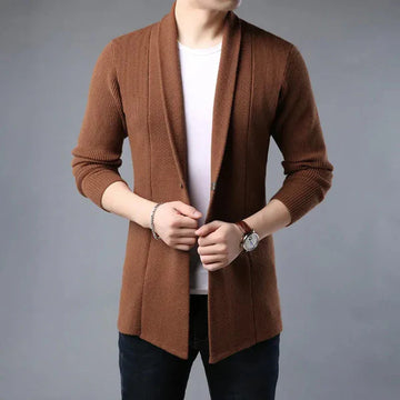 Men’s Knit Cardigan – Wool – Relaxed Fit – Ribbed Texture – Shawl Collar – Open Front