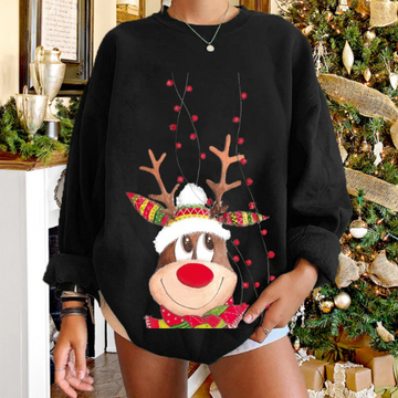 Women’s Pullover Sweater – Relaxed Fit – Soft Knit – Reindeer Print – Casual Wear