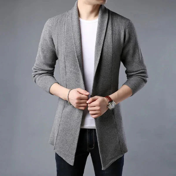 Men’s Knit Cardigan – Wool – Relaxed Fit – Ribbed Texture – Shawl Collar – Open Front