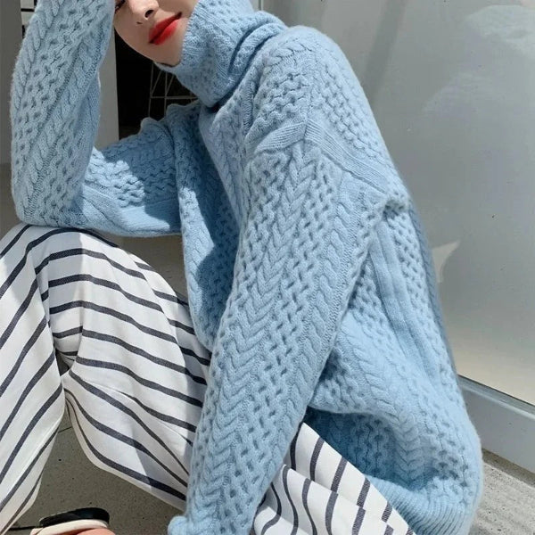 Women’s Pullover Sweater – Wool – Cable Knit – Turtleneck – Relaxed Fit – Soft Feel