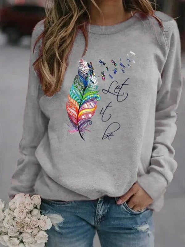 Women’s Pullover – Relaxed Fit – Cotton Feel – Feather Print – Long Sleeve Casual