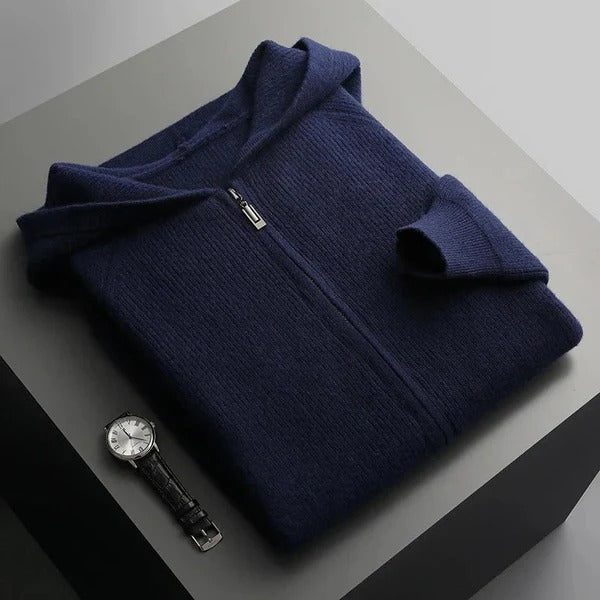 Men’s Zip Hoodie – Wool Blend Knit – Relaxed Fit – Ribbed Hem and Cuffs – Hooded