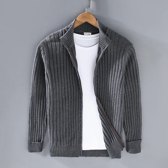 Men’s Cardigan – Slim Fit – Cotton Ribbed Texture – Zip Front – Smart Casual Layering