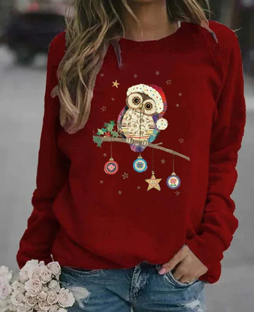 Women’s Sweatshirt – Relaxed Fit – Cotton Blend – Long Sleeve – Festive Owl Print