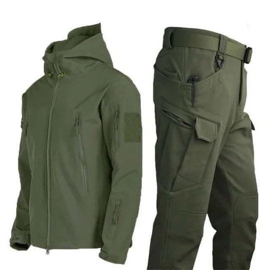Men’s Two-Piece Set – Hooded Soft-Shell Jacket – Cargo Pants – Water-Resistant Fit