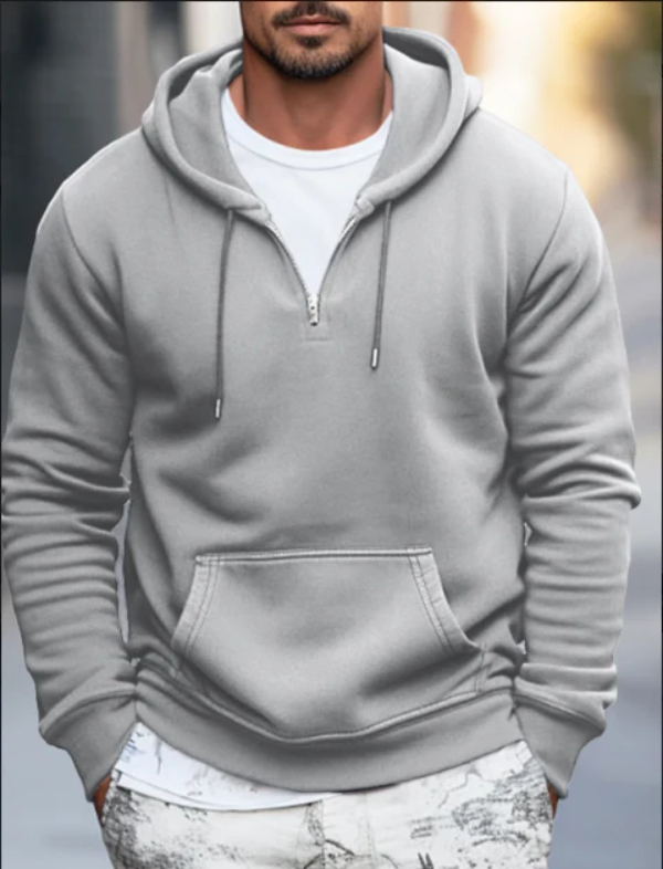 Men’s Hoodie – Relaxed Fit – Cotton Blend – Quarter Zip – Drawstring Hood