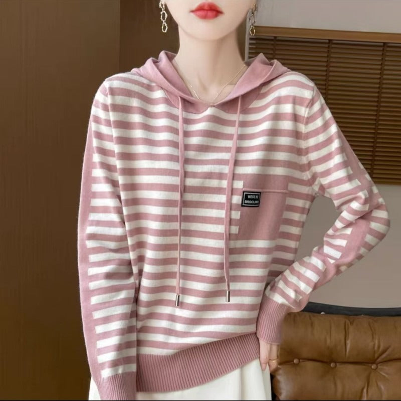 Women’s Knitted Sweater Hoodie – Relaxed Fit – Cotton Blend – Striped – Ribbed Trim