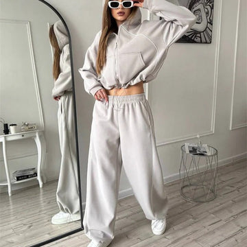 Women’s Two-Piece Set – Oversized Fit – Zipper Hoodie – Wide-Leg Pants – Cotton Blend