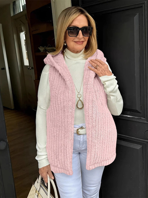 Women’s Hooded Vest – Soft Textured Fabric – Relaxed Fit – Sleeveless Open Front