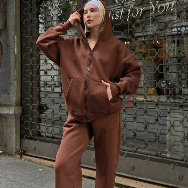 Women’s Two-Piece Hoodie Set – Oversized Fit – Cotton Comfort – Zip Front – Drawstring Waist