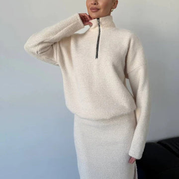 Women’s Pullover Sweater – Loose Fit – Wool Blend – Half Zip Mock Neck – Hip Length