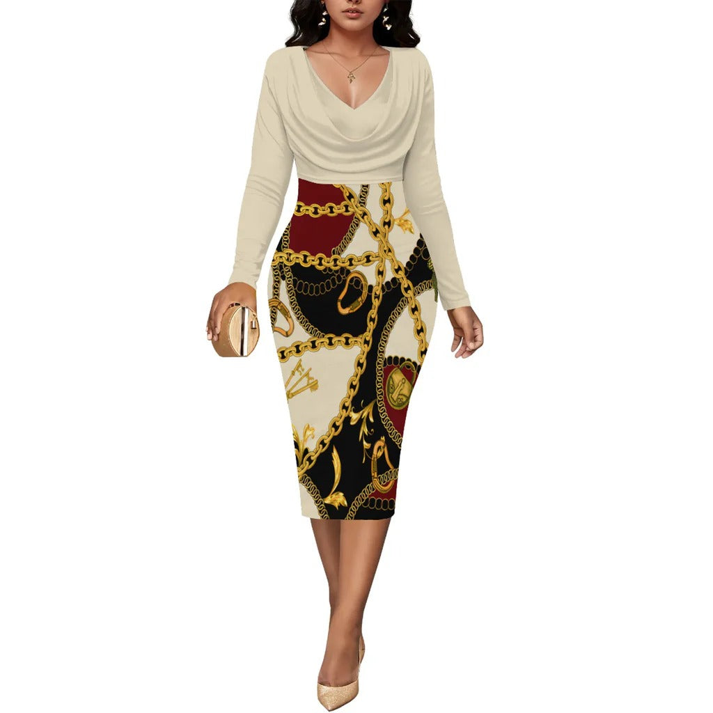 Women’s Midi Dress – Fitted Silhouette – Wrap Neckline – Long Sleeve – Chain Print