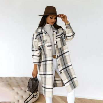 Women’s Long Coat – Relaxed Fit – Checkered Pattern – Wool Feel – Full Length