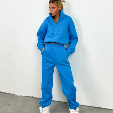 Women’s Two-Piece Sweat Set – Relaxed Fit – High Collar Zip Top – Elastic Waist – Cotton Blend