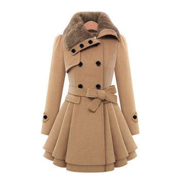 Women’s Wool Coat – Tailored Fit – A-Line Silhouette – Fur Trim Collar – Belted Waist