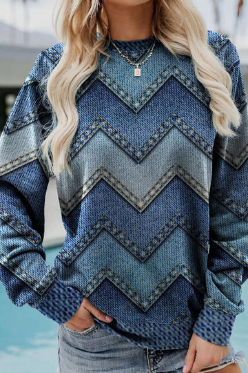 Women’s Sweatshirt – Relaxed Fit – Geometric Knit Pattern – Round Neck Long Sleeve