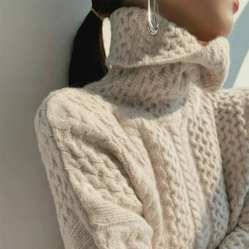 Women’s Pullover Sweater – Wool – Cable Knit – Turtleneck – Relaxed Fit – Soft Feel