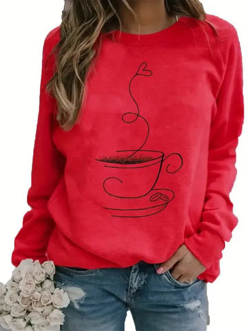 Women’s Sweatshirt – Relaxed Fit – Cotton Blend – Coffee Cup Graphic – Crew Neck