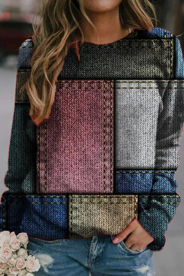 Women’s Sweatshirt – Relaxed Fit – Knitted Texture – Patchwork Design – Long Sleeve