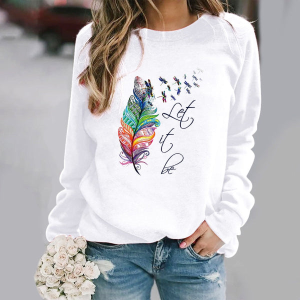 Women’s Sweatshirt – Relaxed Fit – Feather Print – Cotton Feel – Crew Neck – Long Sleeve