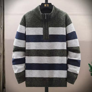 Men’s Pullover Sweater – Relaxed Fit – Fleece Lined – Quarter Zip – Knit Striped