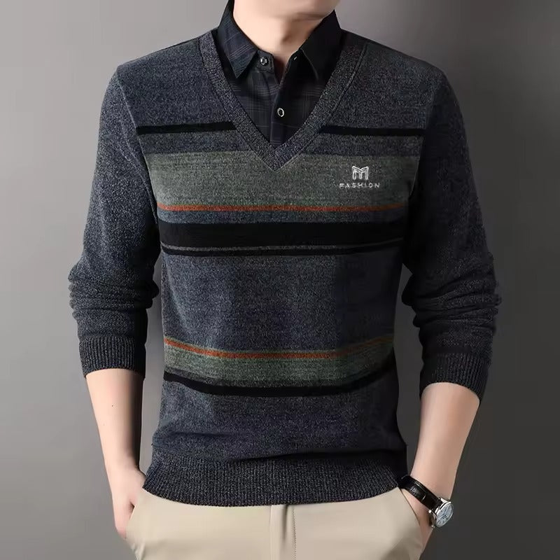 Men’s Pullover Sweater – Fleece Blend – Regular Fit – Crew Neck – Striped Knit Pattern