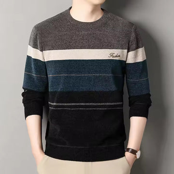 Men’s Pullover Sweater – Wool Blend Knit – Regular Fit – Crew Neck – Striped Design