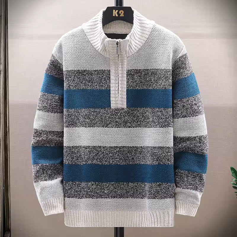 Men’s Pullover Sweater – Relaxed Fit – Fleece Lined – Quarter Zip – Knit Striped