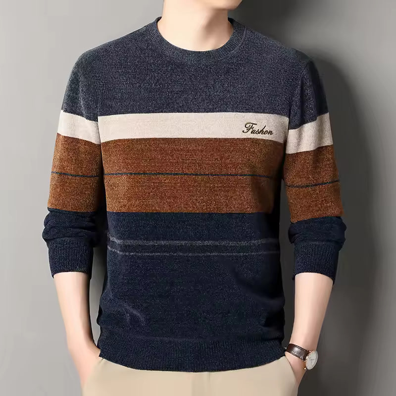 Men’s Pullover Sweater – Wool Blend Knit – Regular Fit – Crew Neck – Striped Design