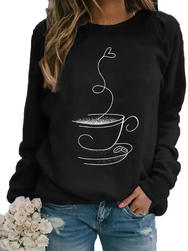 Women’s Sweatshirt – Relaxed Fit – Cotton Blend – Coffee Cup Graphic – Crew Neck