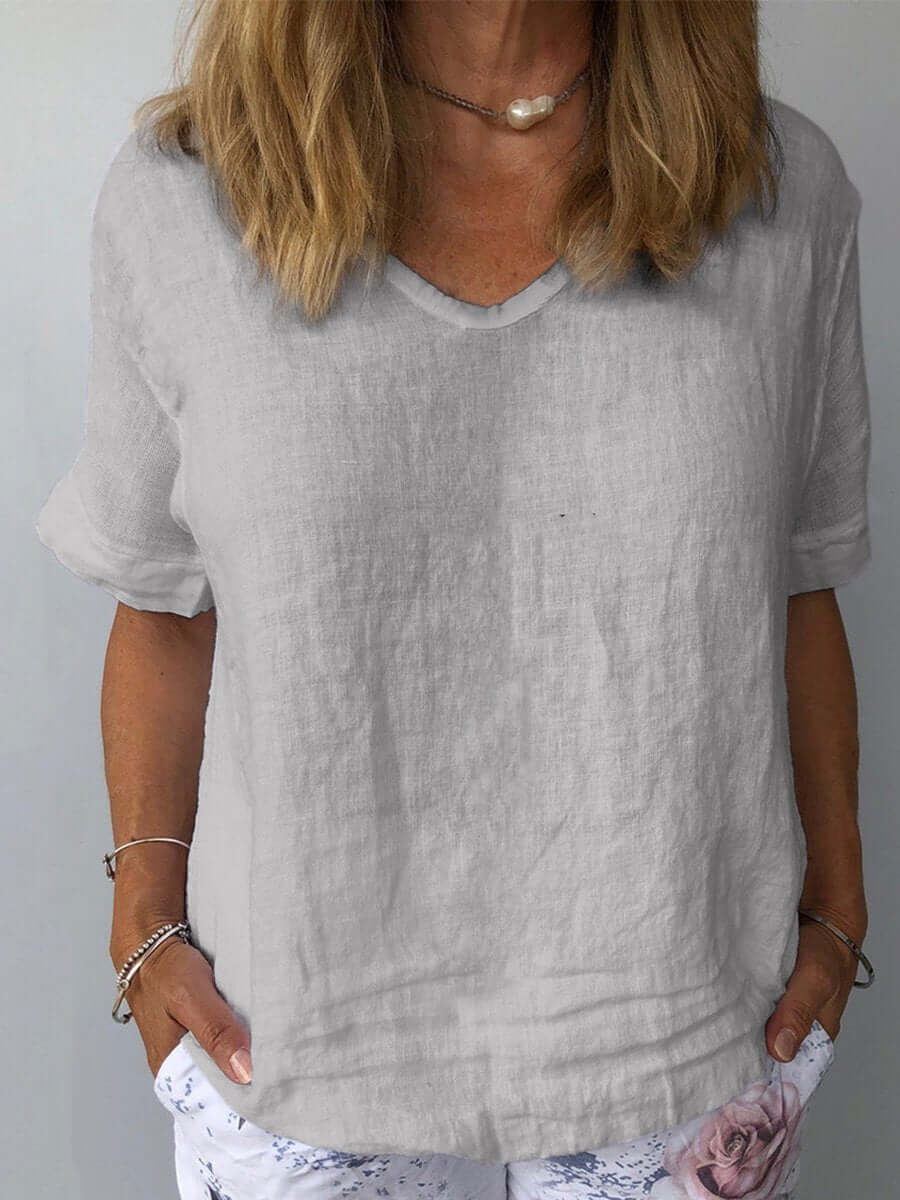 Women's Linen Blouse - V-Neck - Short Cuffed Sleeves - Loose Fit Breathable Casual Wear
