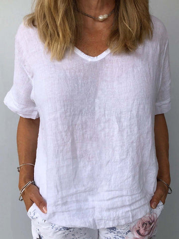Women's Linen Blouse - V-Neck - Short Cuffed Sleeves - Loose Fit Breathable Casual Wear