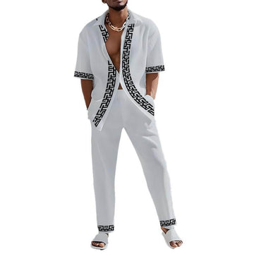 Men’s Two-Piece Outfit - Short Sleeve Shirt & Straight-Leg Pants - Greek Key Trim