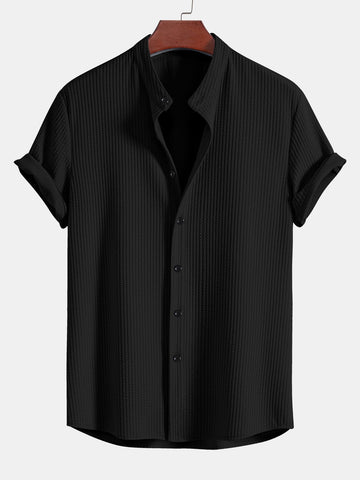 Hugo | Men's Textured Stand Collar Shirt | Short Sleeve Ribbed Knit | Breathable Fabric