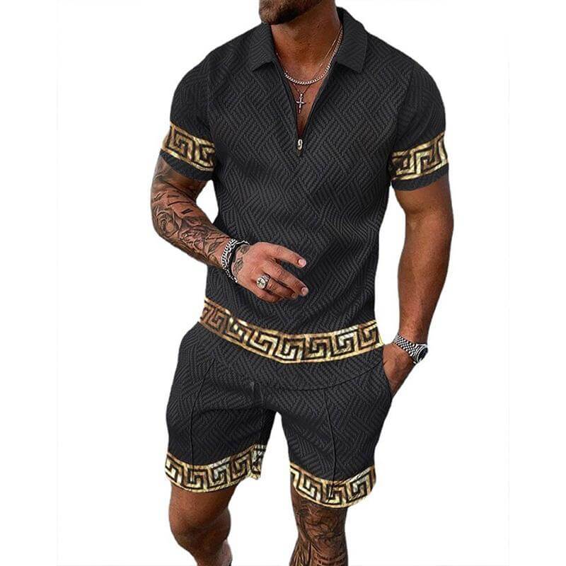 Men’s Two-Piece Set - Short Sleeve Half-Zip Shirt & Shorts - Greek Key Trim - Casual Wear