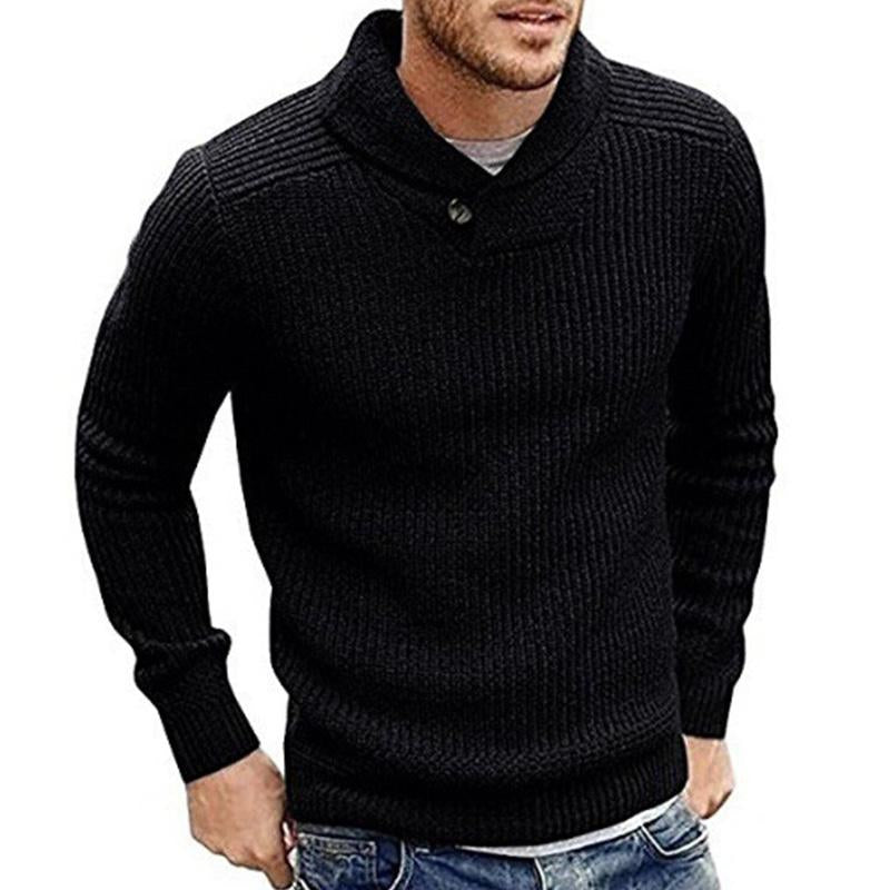 Men’s Pullover Sweater – Classic Fit – Ribbed Knit – Shawl Collar with Button Closure